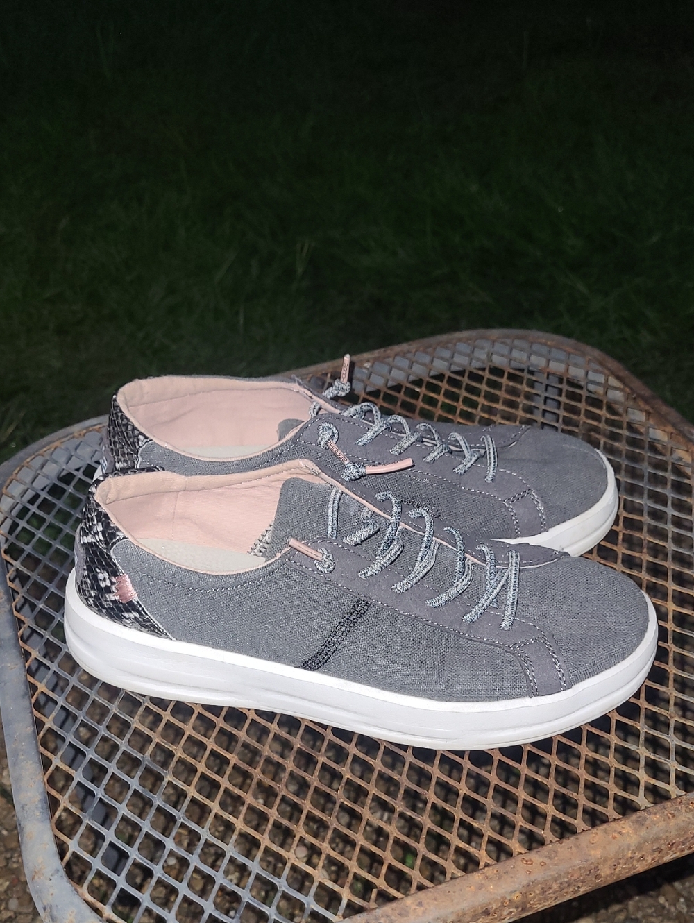 Hey Dude Gray Canvas Lace Up Shoes with Pink Interior and Snake-Print Heel S-7